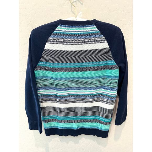 MERONA | Striped Button-Up Cardigan Cotton Navy Teal White | Medium - Picture 4 of 6